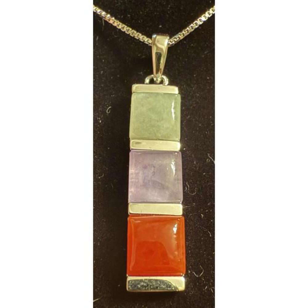 Sterling Silver 925 Multi Gemstone Pendant Necklace 18" Marked WM Italy